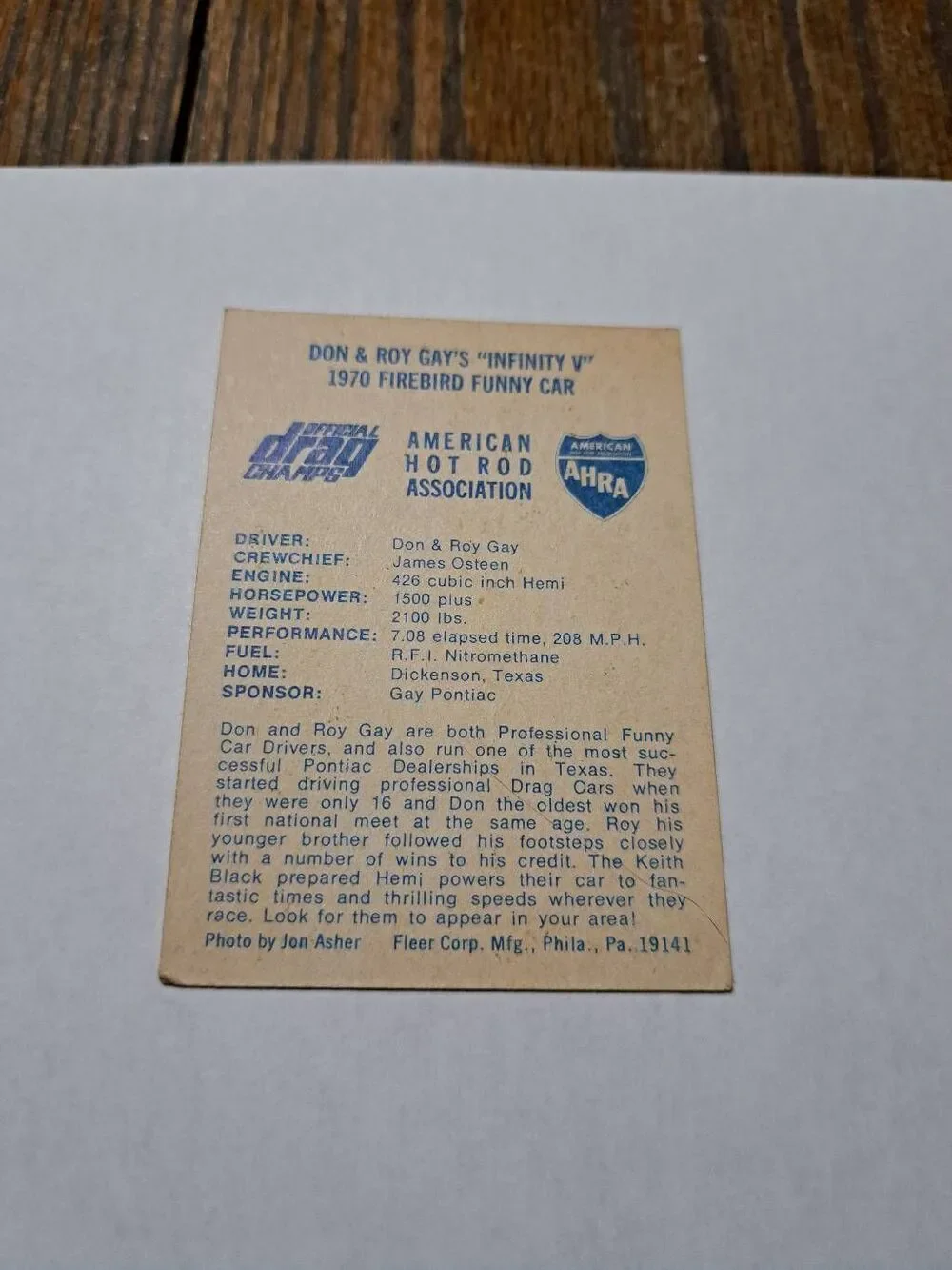 Vintage 1971 Don & Roy Gays Firebird Funny Car Race Car Fleer Trading Cards